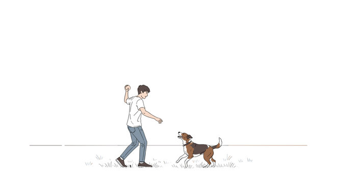 Young man playing fetch with dog outdoors in simple illustration
