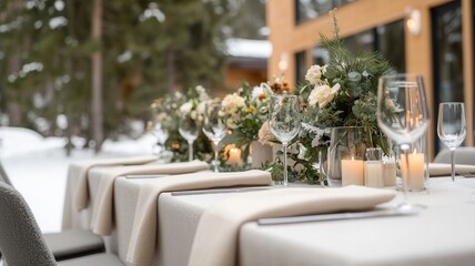 Elegant long table is set for a winter wedding reception, featuring white flowers, candles, and a snowy mountain backdrop