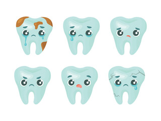 Set of cute cartoon tooth characters with negative emotions. Sad, painful and worried tooth mascots with a crying, decayed tooth. Dental health problems illustration