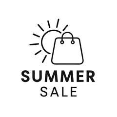 Minimalist Summer Sale Logo With Sun and Shopping Bag, Flat Vector Style