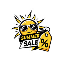 Bright Summer Sale Logo Featuring a Sun Wearing Sunglasses and a Discount Tag, Bold Lines