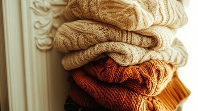 Close up of and stack of colorful knitted a evoking warmth, comfort, sweaters, handmade craftsmanship - Powered by Adobe