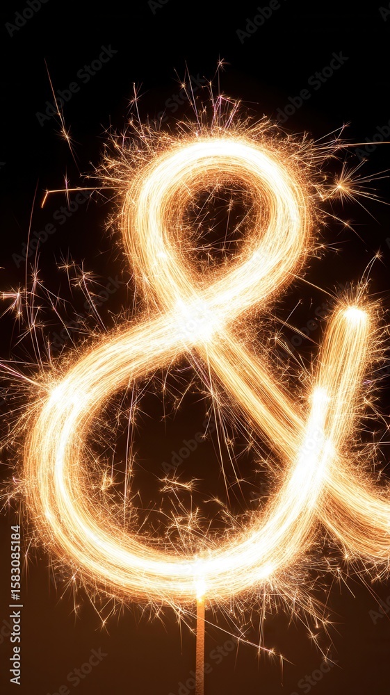 Poster light painting of ampersand symbol created with sparklers on a black background, representing connec