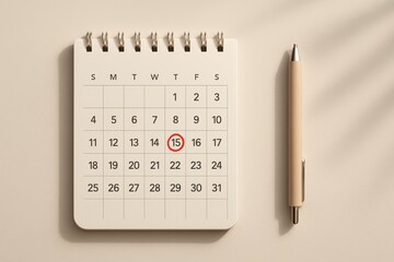 Spiral desk calendar with red circle on 15th date and beige pen on neutral background, deadline or appointment reminder concept