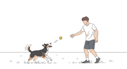Man playing fetch with dog outdoors in simple color illustration