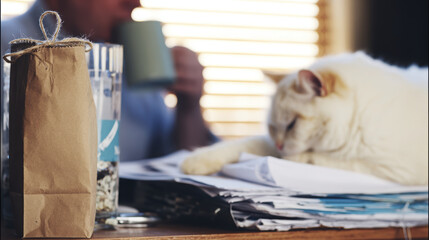 Fototapeta na wymiar Cozy workspace featuring business owner enjoying drink while fluffy white cat rests on pile of papers. scene captures blend of productivity and relaxation, highlighting comfort of home