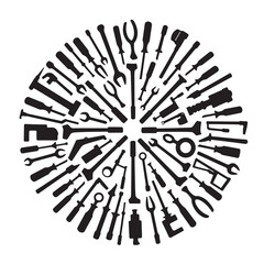 Obraz premium Black silhouetted tools arranged in a circular formation against a white background