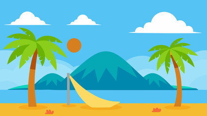 Cartoon Tropical Island with Palm Trees and Volcano
