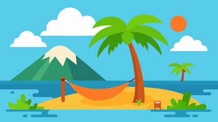 Obraz premium Cartoon Tropical Island with Palm Trees and Volcano