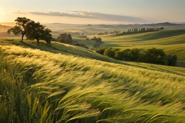 Obraz premium Golden hour landscape with wind-swept tall green grass rolling hills and trees under a hazy sky