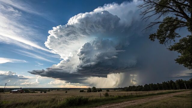 Dramatic thunderhead cloud formation over rural landscape with rain and blue sky in the distance