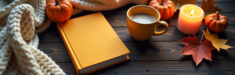 warm flat lay scene autumnal charm wooden table featuring vibrant notebook steaming coffee mug chunky knit blanket amidst