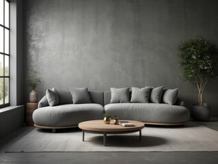 Round curved grey sofa against concrete wall with wooden decor. Loft, minimalist home interior