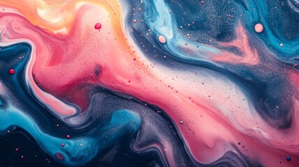 Colorful abstract acrylic painting mixing pink, blue, and gold colors