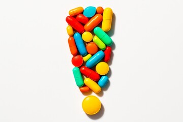 Obraz premium Colorful pills and capsules arranged in exclamation mark shape isolated on white background.