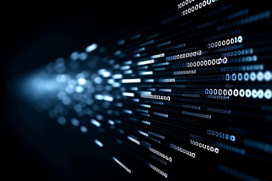 Digital data stream glowing with binary code in dark abstract background showcasing futuristic technology and dynamic digital data flow