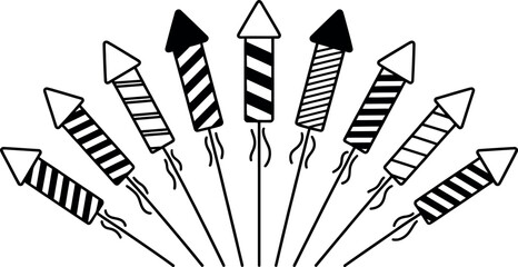 Vector illustration: Festive black and white striped fireworks rockets design