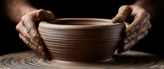 Pottery clay hands craft art wheel handmade ceramic shaping bowl spinning closeup texture creating skill focused craftsmanship workshop mud rotating
