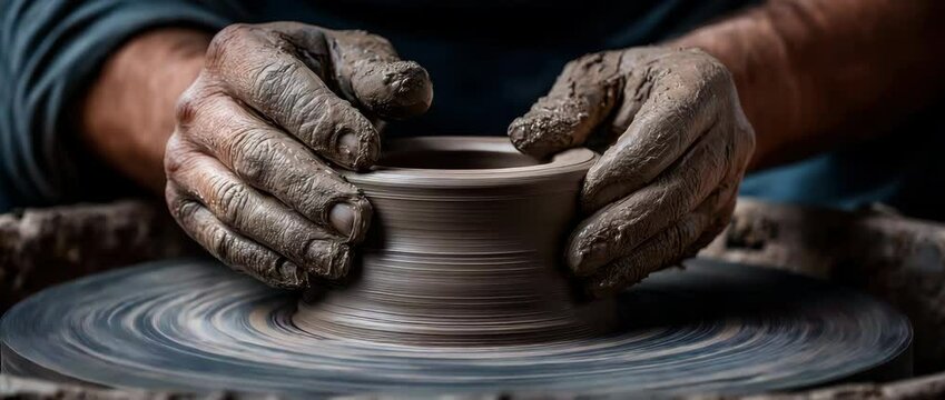 Pottery clay spinning wheel craft artisan hands shaping wet ceramic vessel with skill creating round mud pottery craft process on wheel