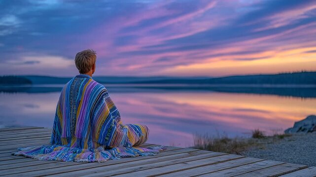 Colorful blanket flowing behind them like a cloak, a person sits in solitude on a quiet dock at twilight, fiery sunset mirrored in the lake, clouds streaking the sky in gentle brus