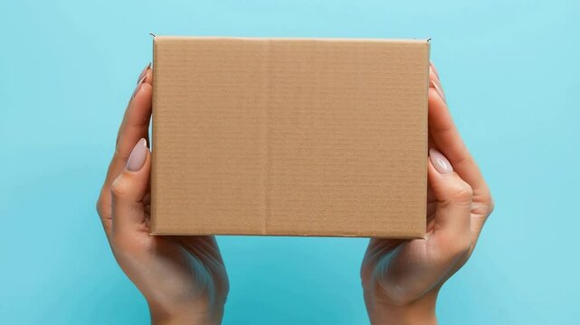 Hands holding a cardboard box against a blue background, ideal for delivery and e-commerce themes.