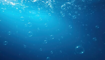 Underwater Scene with Bubbles Floating Upwards in the Deep Blue Ocean