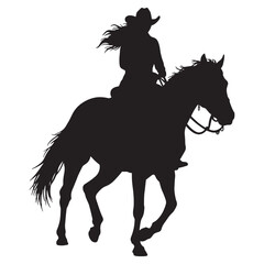 Silhouette of a cowgirl riding a horse in motion depicting the spirit of the west