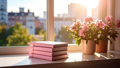 Sunlight streams into a room, illuminating a windowsill with pink books and flowers