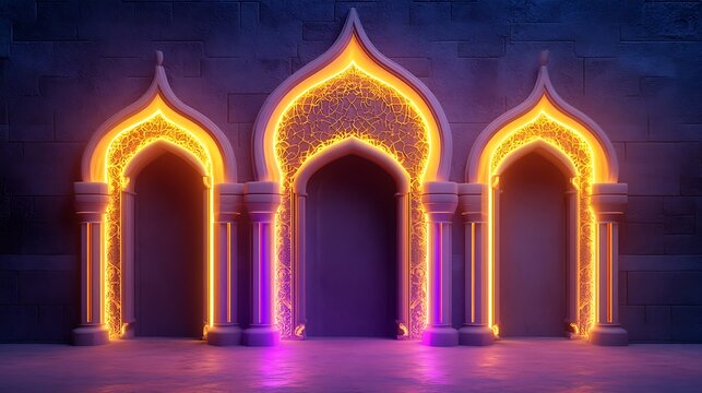 Ornate arches, glowing with vibrant light