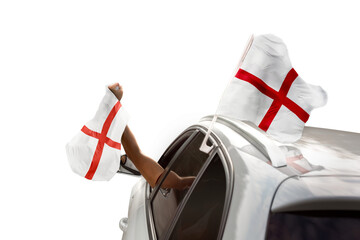 Fan with English flag celebrating in car on transparent background