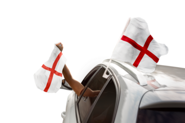 Fan with English flag celebrating in car on transparent background