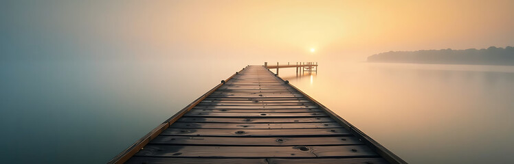 Obraz premium serene shot weathered pier dissolving gentle morning mist soft golden light casting dreamy glow