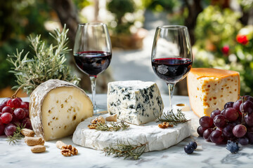 Elegant Cheese and Wine Arrangement. Cheese and wine assortment outdoors on a sunny day. Ideal for culinary events, wine tastings, or autumn gatherings.