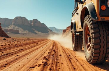 Obraz premium Off-road vehicle driving through desert landscape with rugged mountains in the background