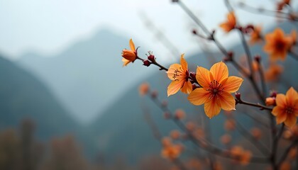 Orange blossoms on dark branches blurred mountain backdrop serene and vibrant contrast