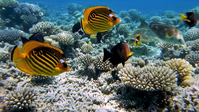 Vibrant Coral Reef Ecosystem Featuring Butterflyfish And Black Tangs Underwater Marine Wildlife Scenery In Clear Blue Ocean Waters Tropical Fish Swimming