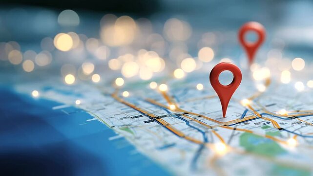 Illustration of a stylized metro map with two red pins marking start and destination stations, route lines glowing softly, representing urban travel and efficient route planning