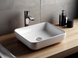Fototapeta premium White square vessel sink and chrome faucet. Minimalist interior design of modern bathroom