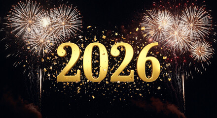 Celebration 2026: Radiant fireworks illuminate the night sky, accenting a gleaming golden inscription of the year, 2026, to herald a season of joy, anticipation, and celebratory spirit.