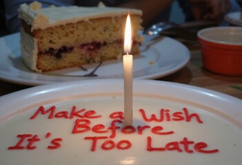 A birthday cake with a candle and a message to make a wish before it's too late