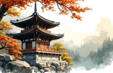 Obraz premium Traditional Japanese pagoda surrounded by colorful autumn leaves and misty forest landscape