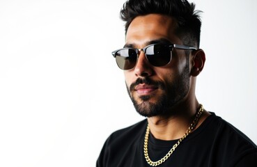 Obraz premium Man wearing sunglasses and a gold chain looking confident against a plain white background
