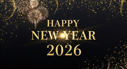Happy New Year 2026: A sophisticated digital design for the new year, with festive fireworks and elegant gold elements against a dark, mysterious backdrop.