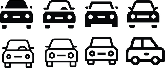 Black Car Icon Set – Simple Flat Vehicle Symbol for Apps and Web Design, black line	