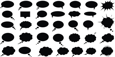 Black Speech Bubbles and Thought Bubbles Vector Silhouette Set: Communication, Dialogue, Chat, Idea, Message, Comic Book Elements Collection.