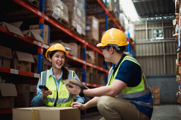 Asian warehouse staff discussing inventory using mobile scanner while checking stock in large industrial storage facility. Teamwork and productivity concept.