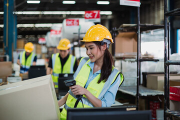 Southeast Asian female warehouse worker scanning barcode on box in logistics center with team in...