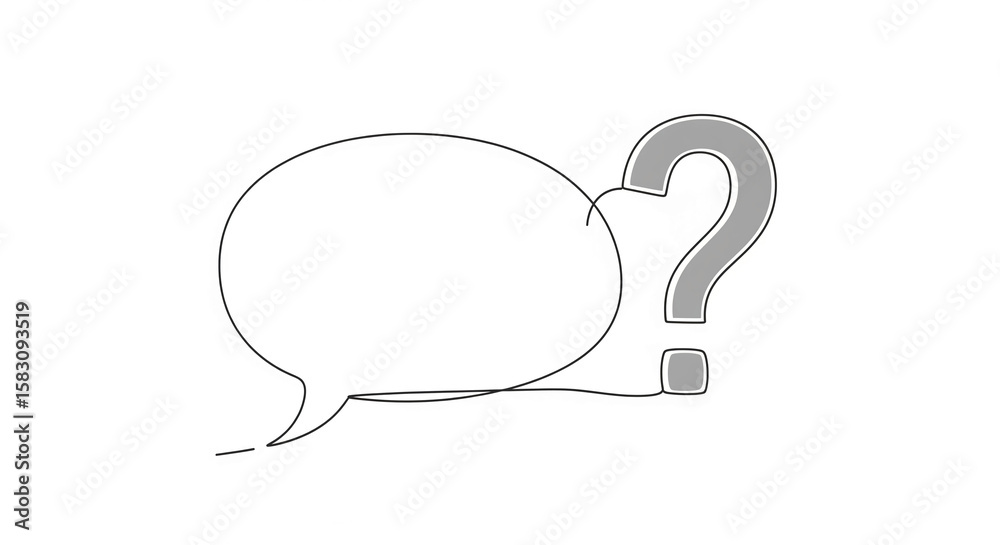 Poster Simple line drawing of speech bubble and question mark, symbolizing inquiry, question, or need for information, suitable for FAQ section or help center