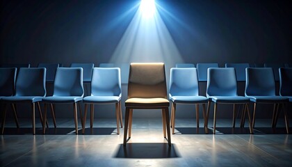 A single spotlight highlights a light-brown chair amongst many blue chairs