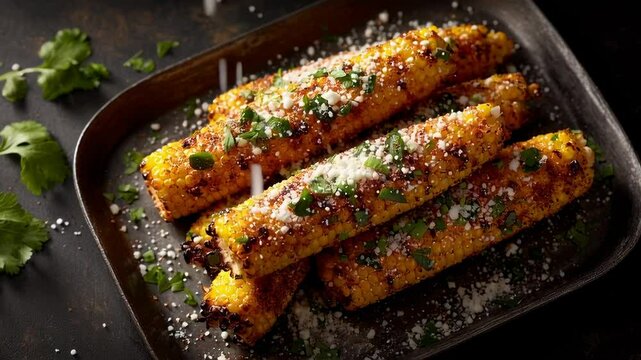 Overhead view of Mexican street corn elote garnished with cheese and cilantro on a dark serving plate